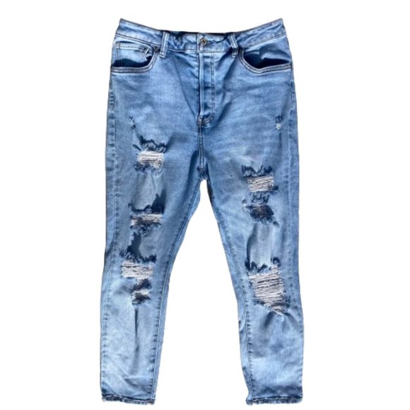 Forever 21 Jeans, Highly Distressed High Rise Button Fly, sz 31 (US 10) - Picture 2 of 7